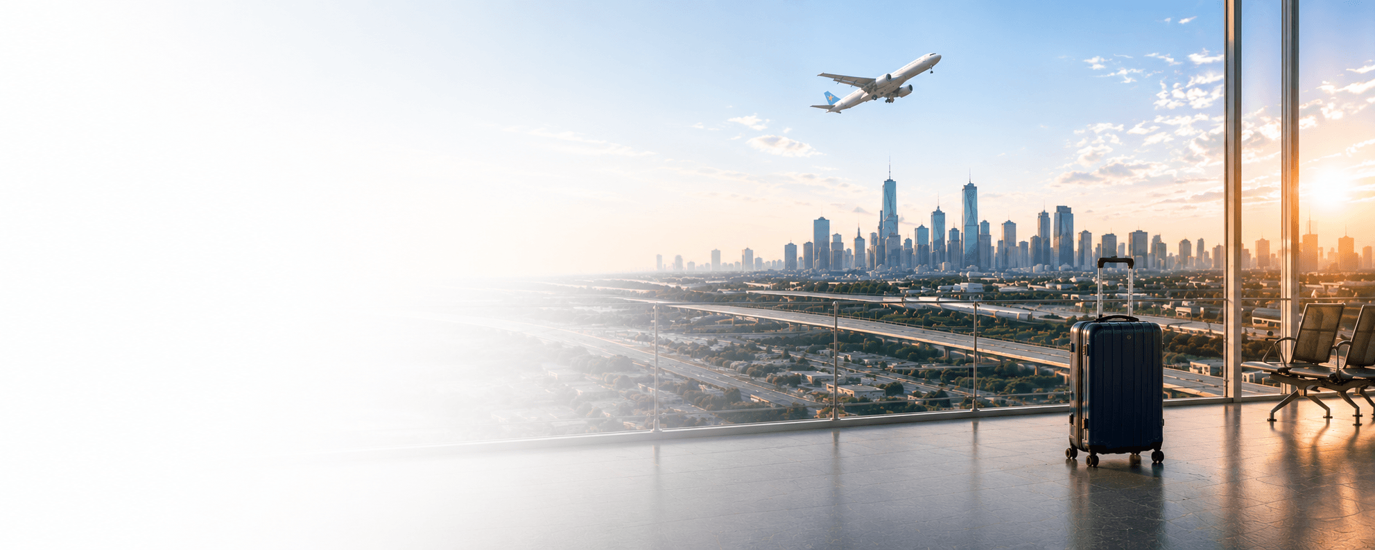 Vista de aeropuerto con avión, ciudad y maleta